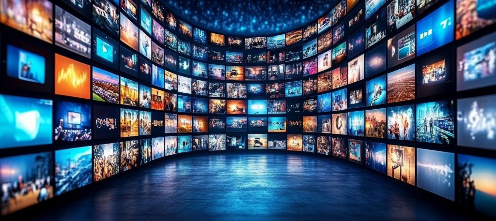 Decorative image of a curved bank of TV screens